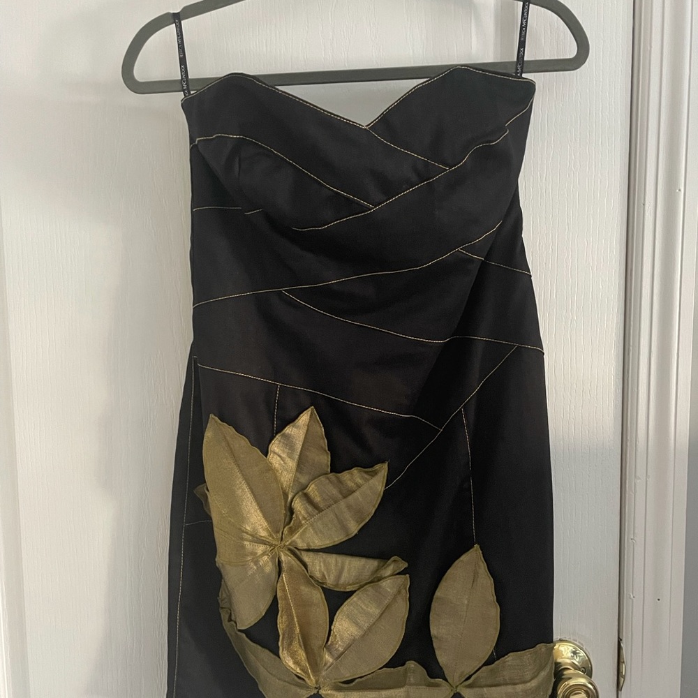 Strapless Black denim dress with flowers details in gold